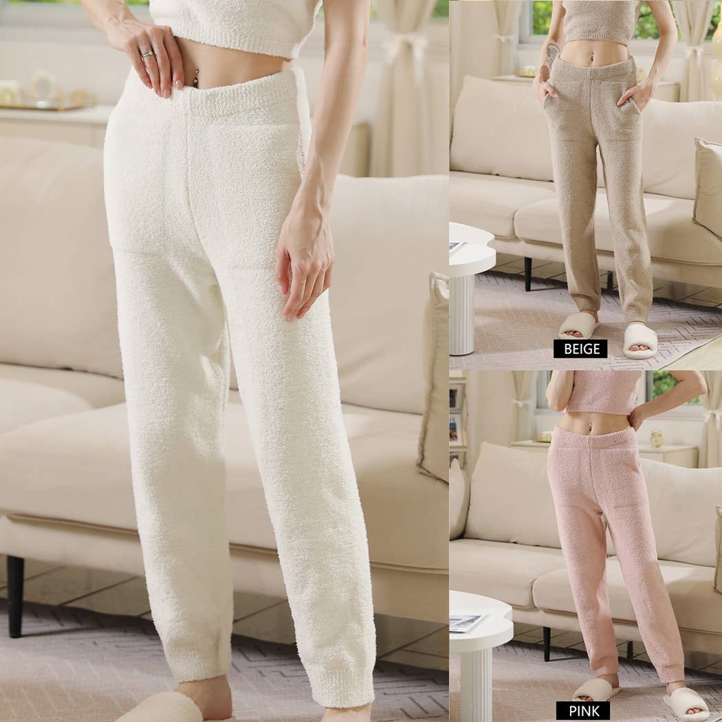 Warm Fuzzy Jogger Pants with Pocket: Beige / S/M