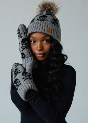 Gray Skull Pattern Pom Hat