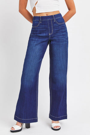 Wide Leg Pull On Jeans - Dark Blue