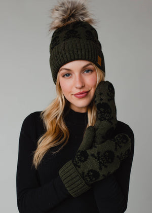 Olive Skull Patterned Mittens