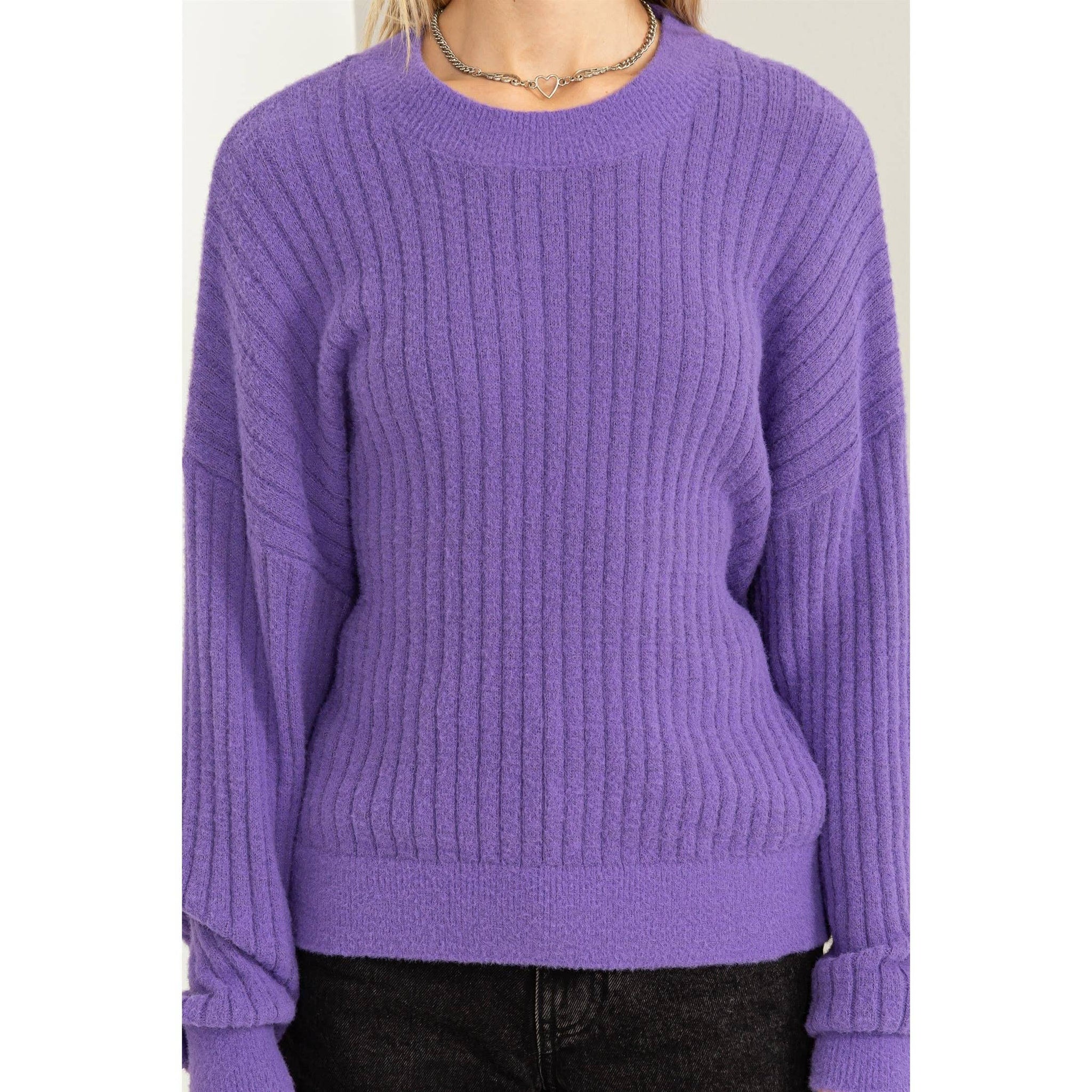 DZ23F783-Crew Neck Ribbed Sweater: WISTERIA / S-M-L(2-2-2)