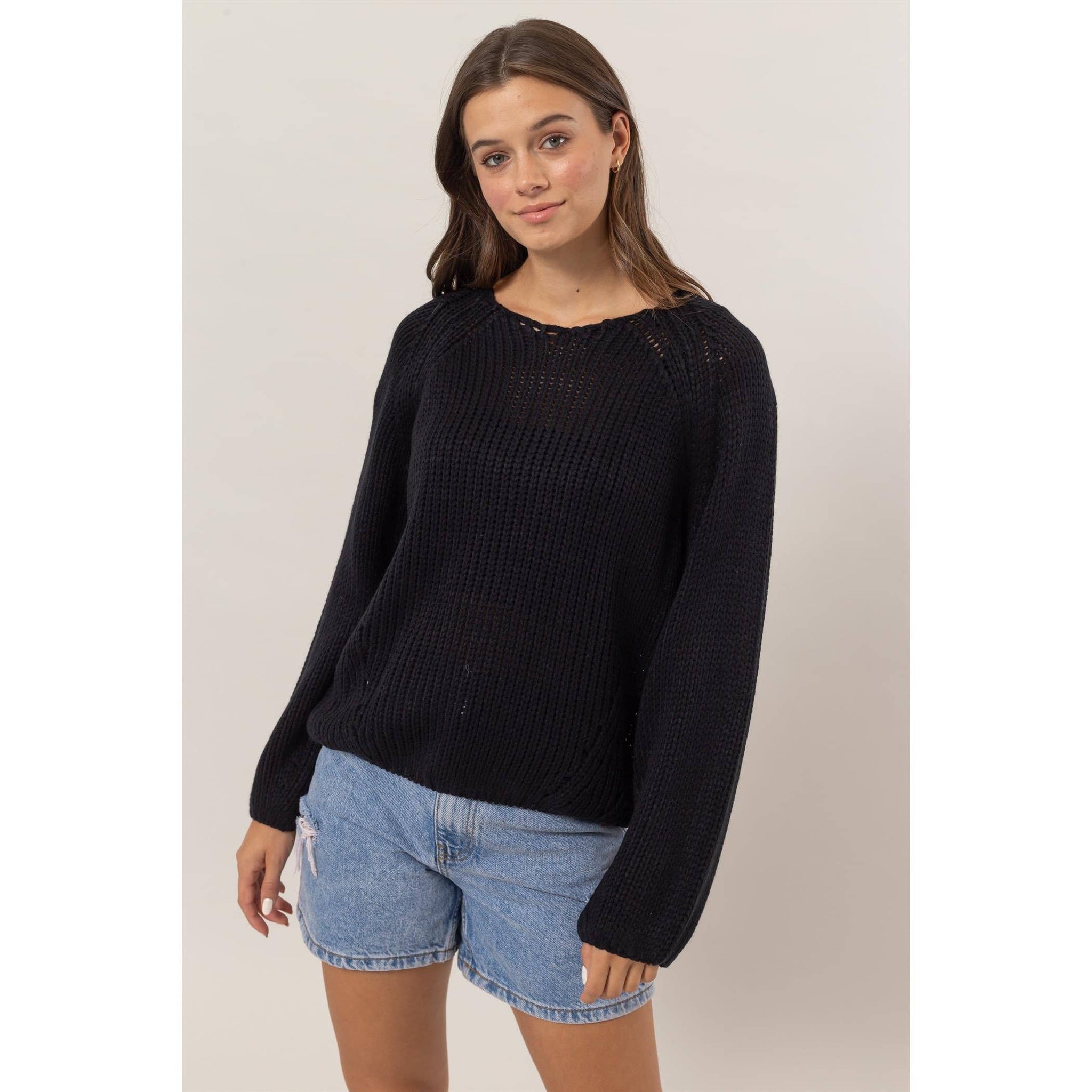 HF24F780-Ribbed Sweater Pullover: BLACK / S-M-L(2-2-2)