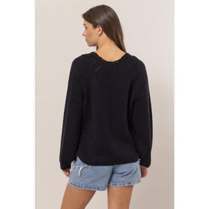 HF24F780-Ribbed Sweater Pullover: BLACK / S-M-L(2-2-2)