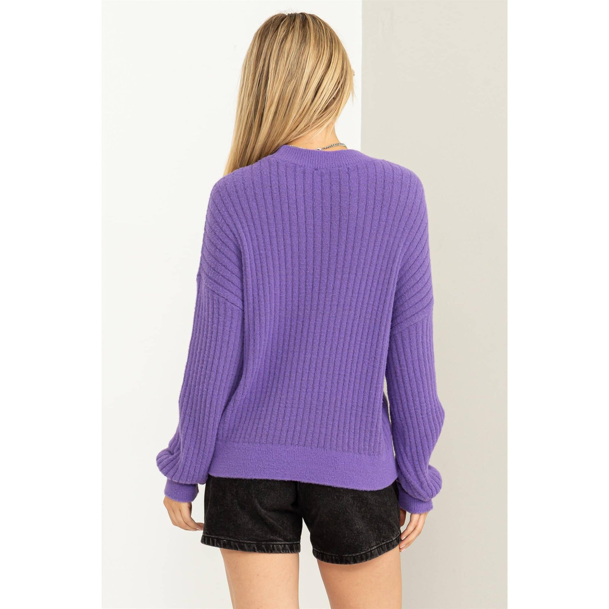 DZ23F783-Crew Neck Ribbed Sweater: WISTERIA / S-M-L(2-2-2)