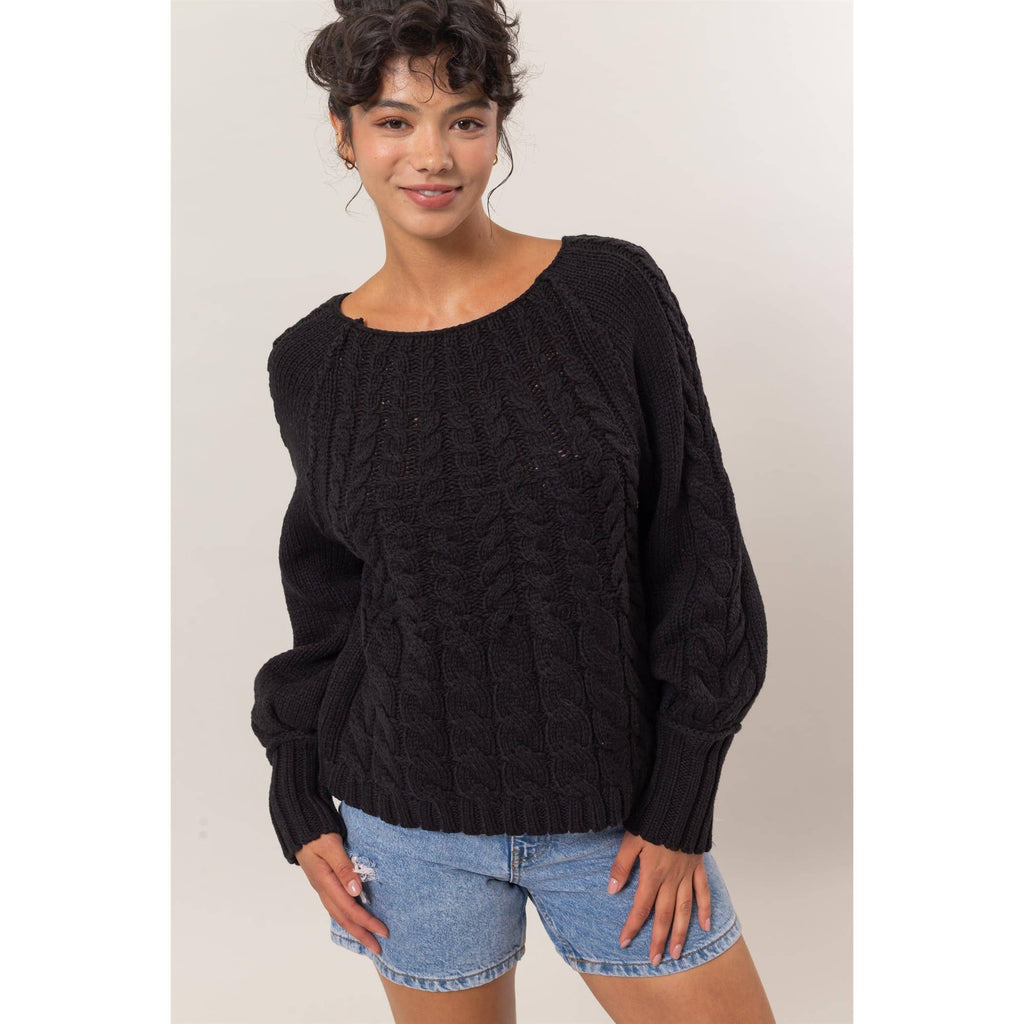 DZ24F201-Cable Knit Pattern Sweater: BLACK / S-M-L(2-2-2)