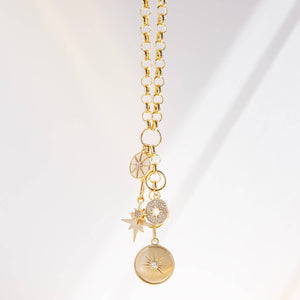 Rolo link necklace with multiple charms: Gold