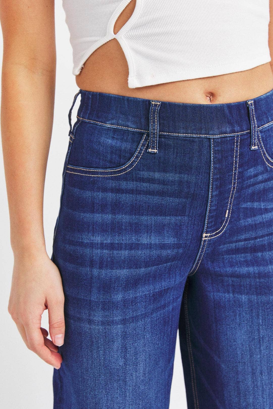 Wide Leg Pull On Jeans - Dark Blue