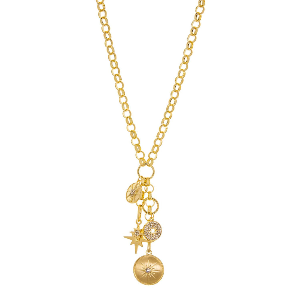 Rolo link necklace with multiple charms: Gold