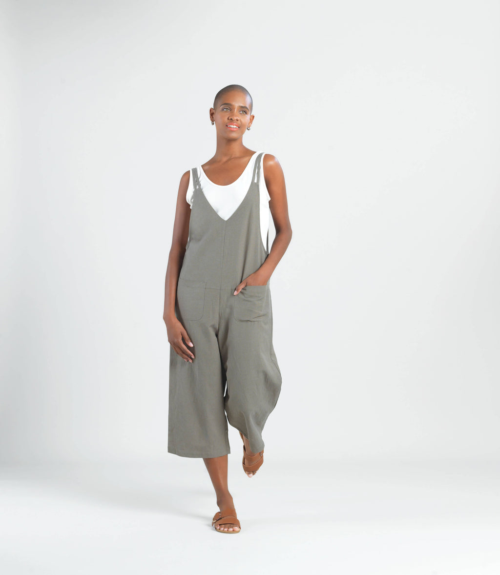 JU24LN - Linen Knit - Drop Waist Pocket Jumpsuit: L / OLIVE