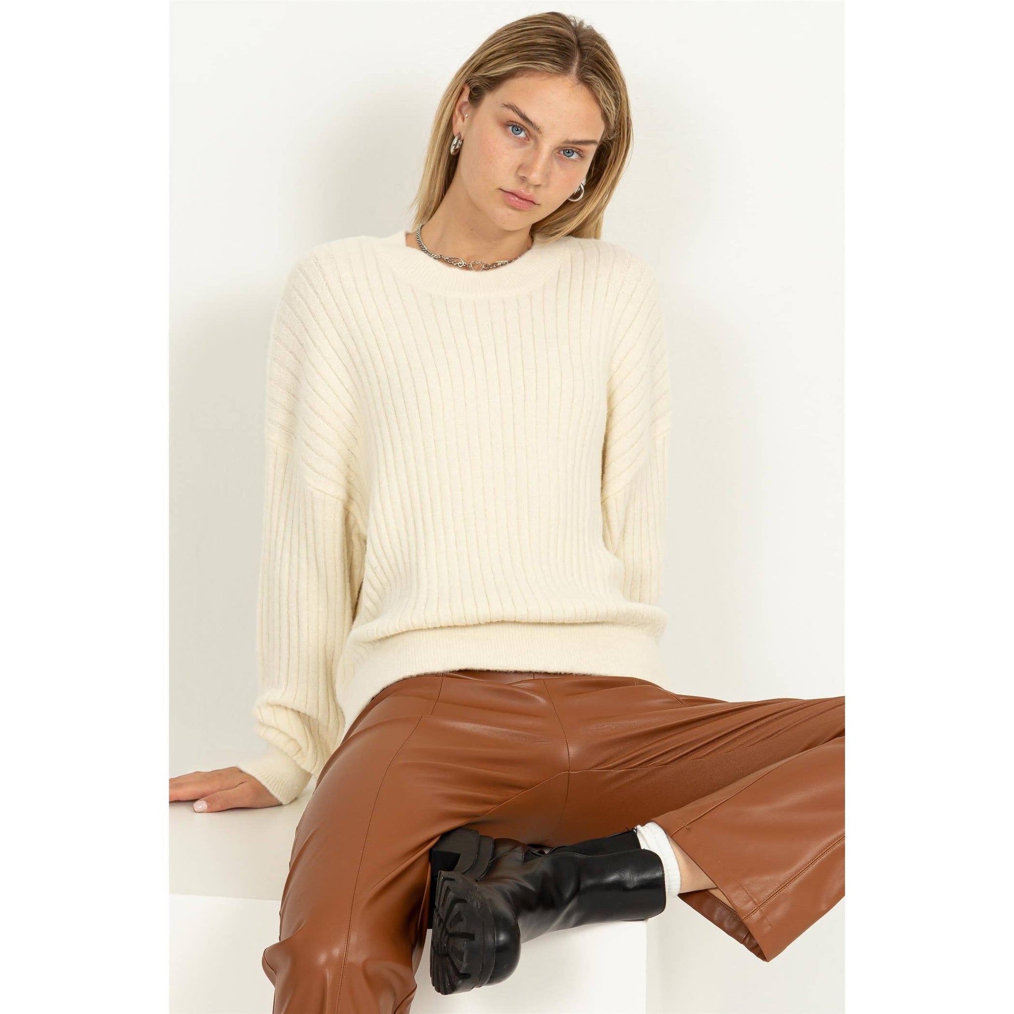 DZ23F783-Crew Neck Ribbed Sweater: WISTERIA / S-M-L(2-2-2)