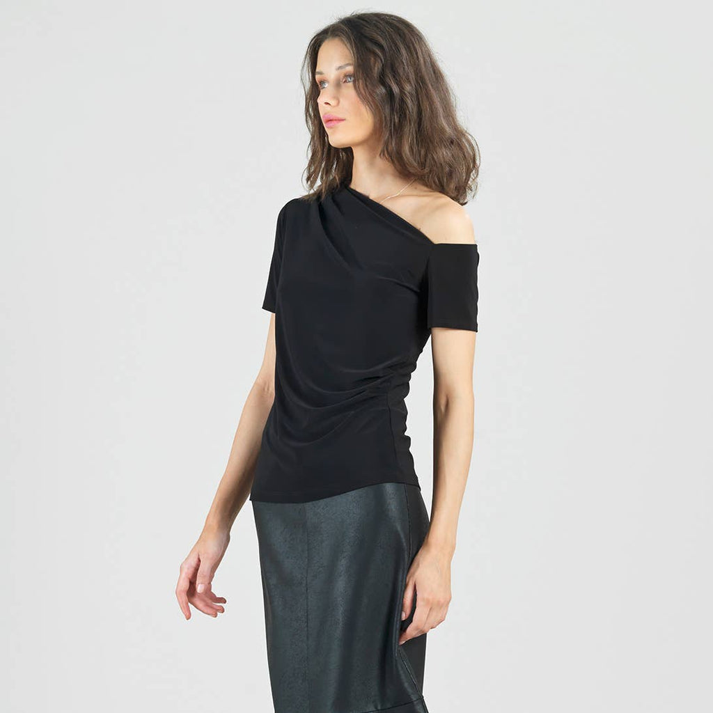 Clara SunWoo - Angular Neck Line Soft Knit Short Sleeve Top: Black