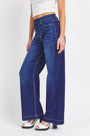 Wide Leg Pull On Jeans - Dark Blue