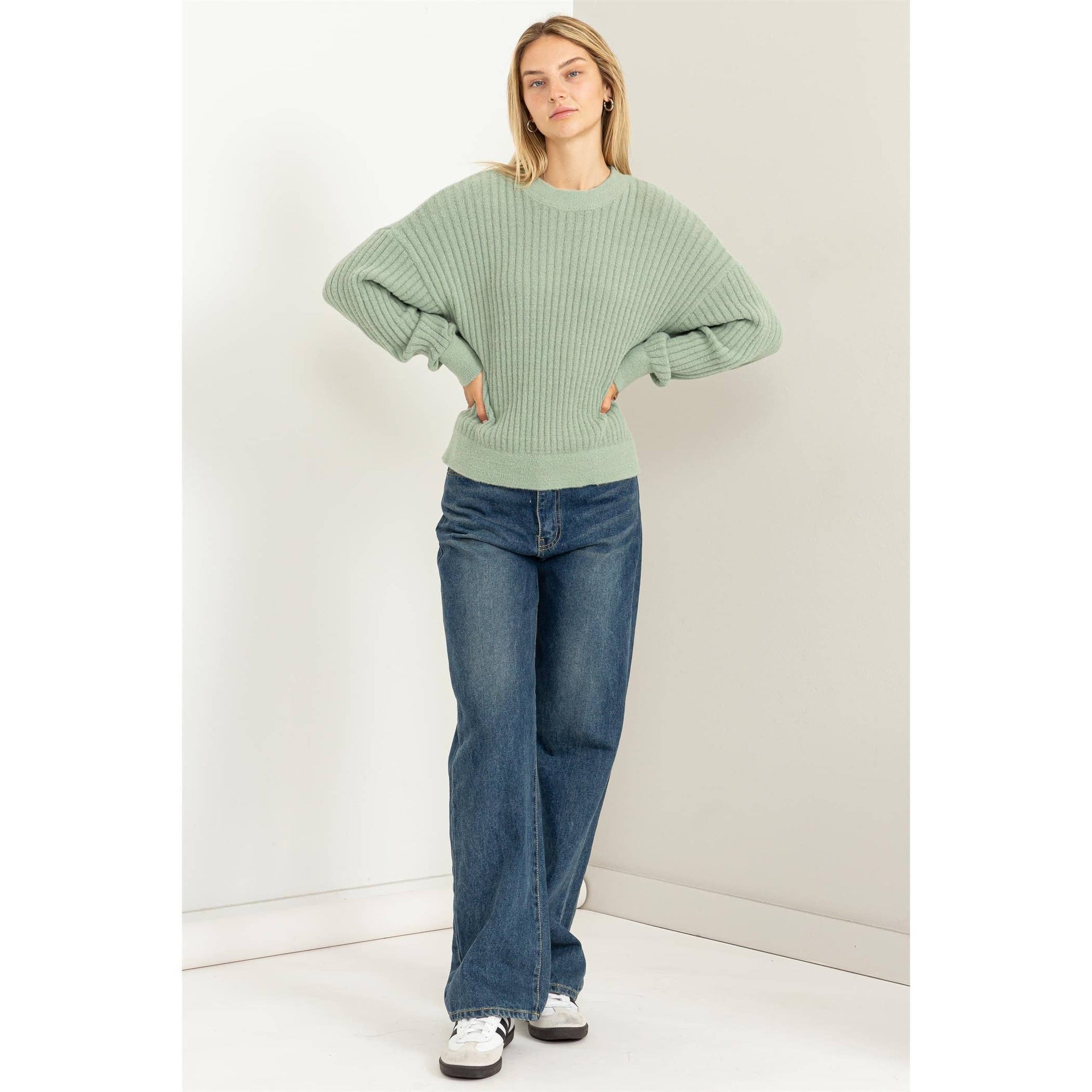 DZ23F783-Crew Neck Ribbed Sweater: WISTERIA / S-M-L(2-2-2)