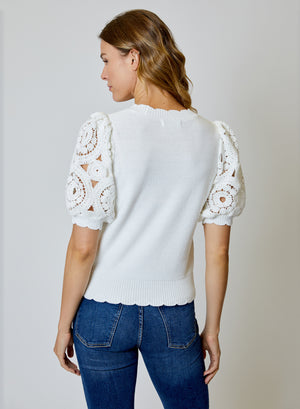 Crochet Sleeve Sweater Shirt - White