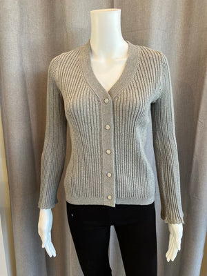 Ribbed Silver Cardi - Rhinestone Flower Buttons