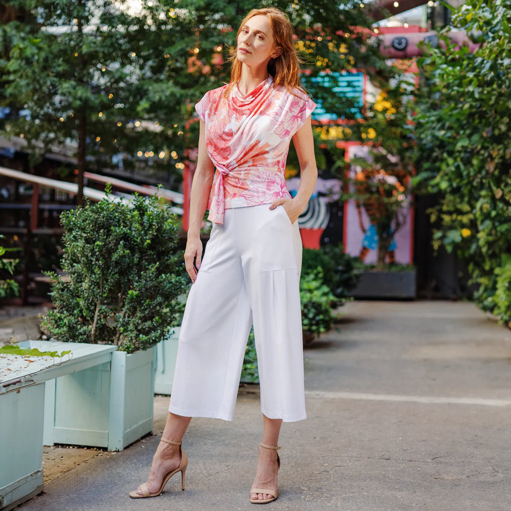 Rayon Ponte Knit - Pleated Gaucho Pocket Pant - White