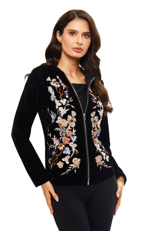 Black Velevet Embroidered Zip Up Jacket