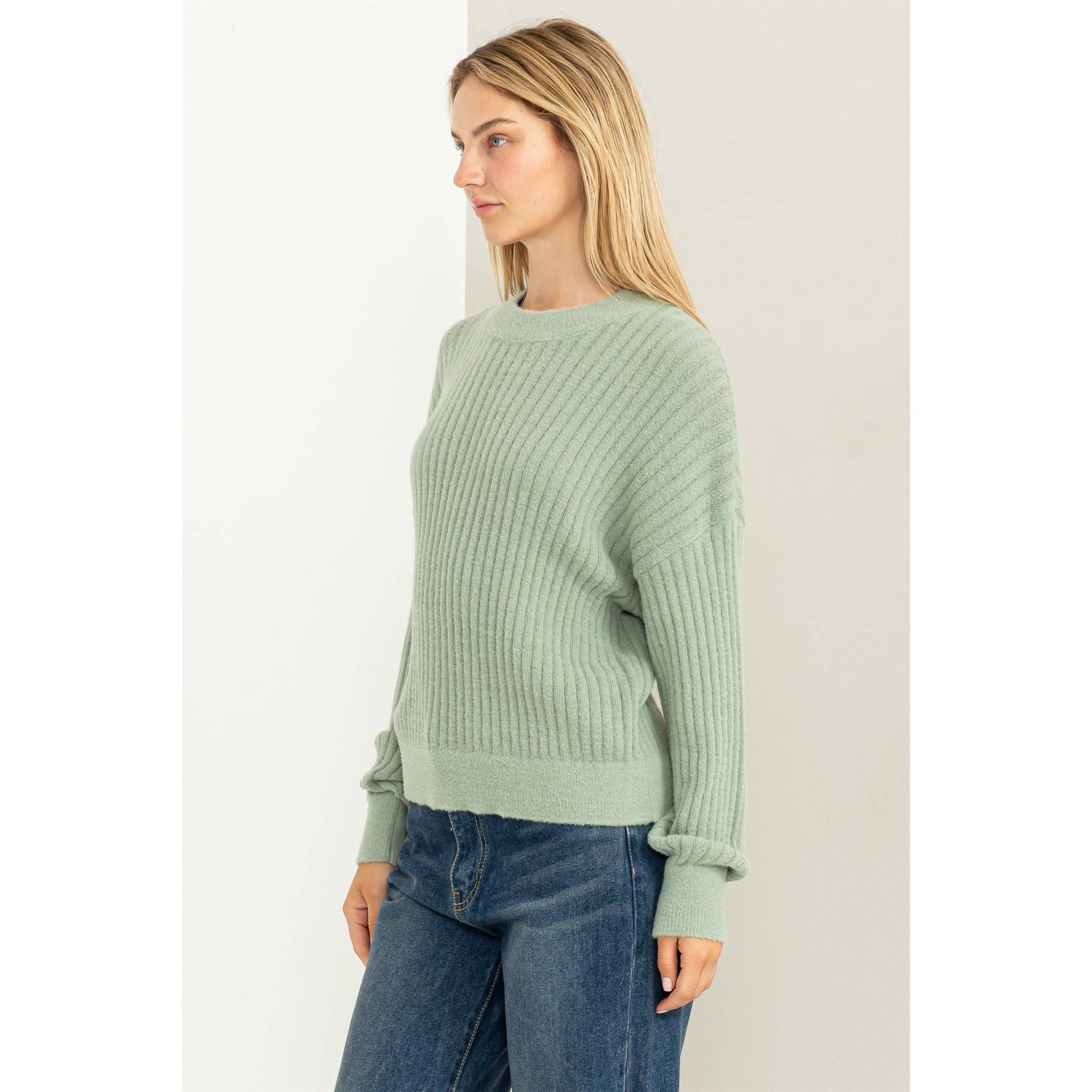 DZ23F783-Crew Neck Ribbed Sweater: WISTERIA / S-M-L(2-2-2)