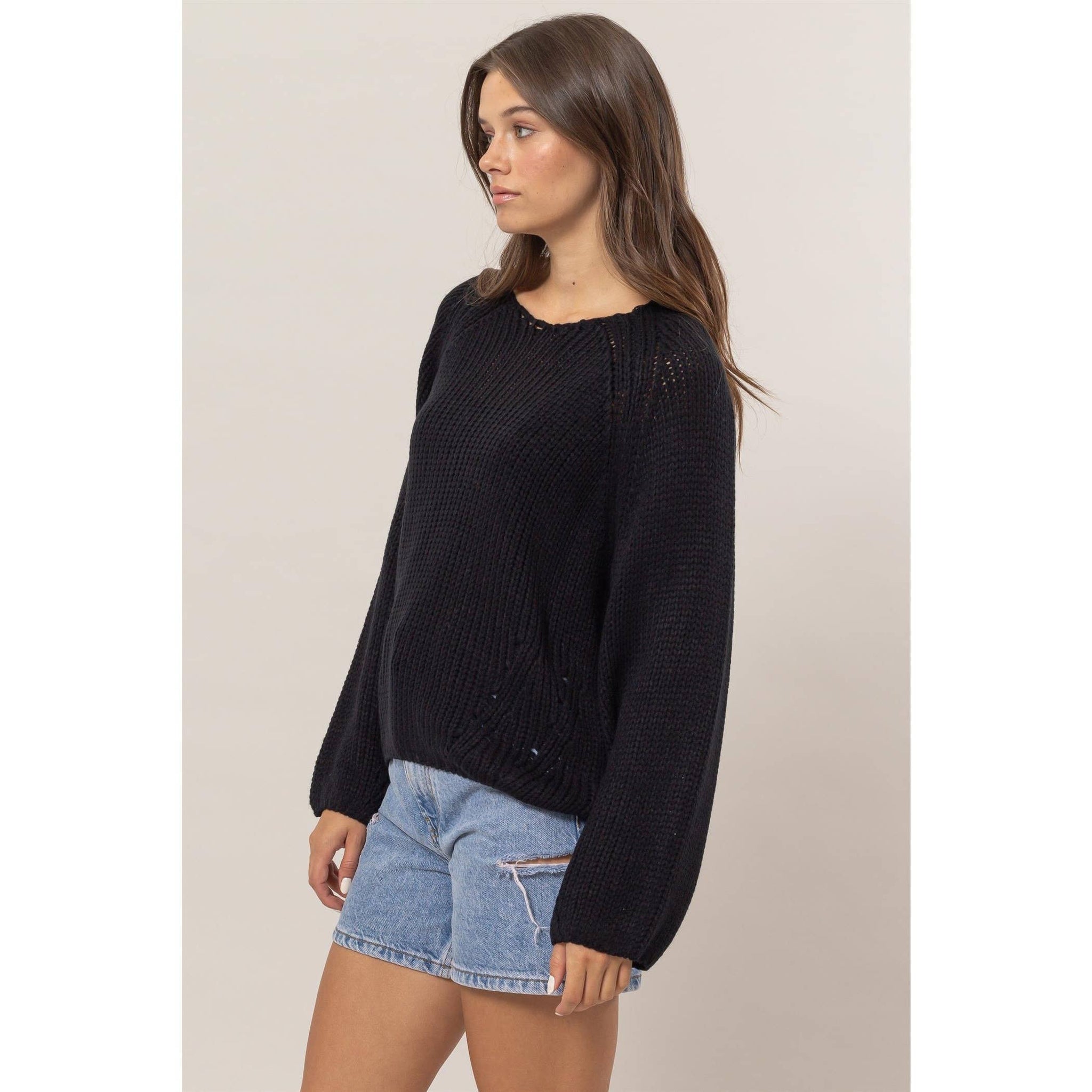 HF24F780-Ribbed Sweater Pullover: BLACK / S-M-L(2-2-2)