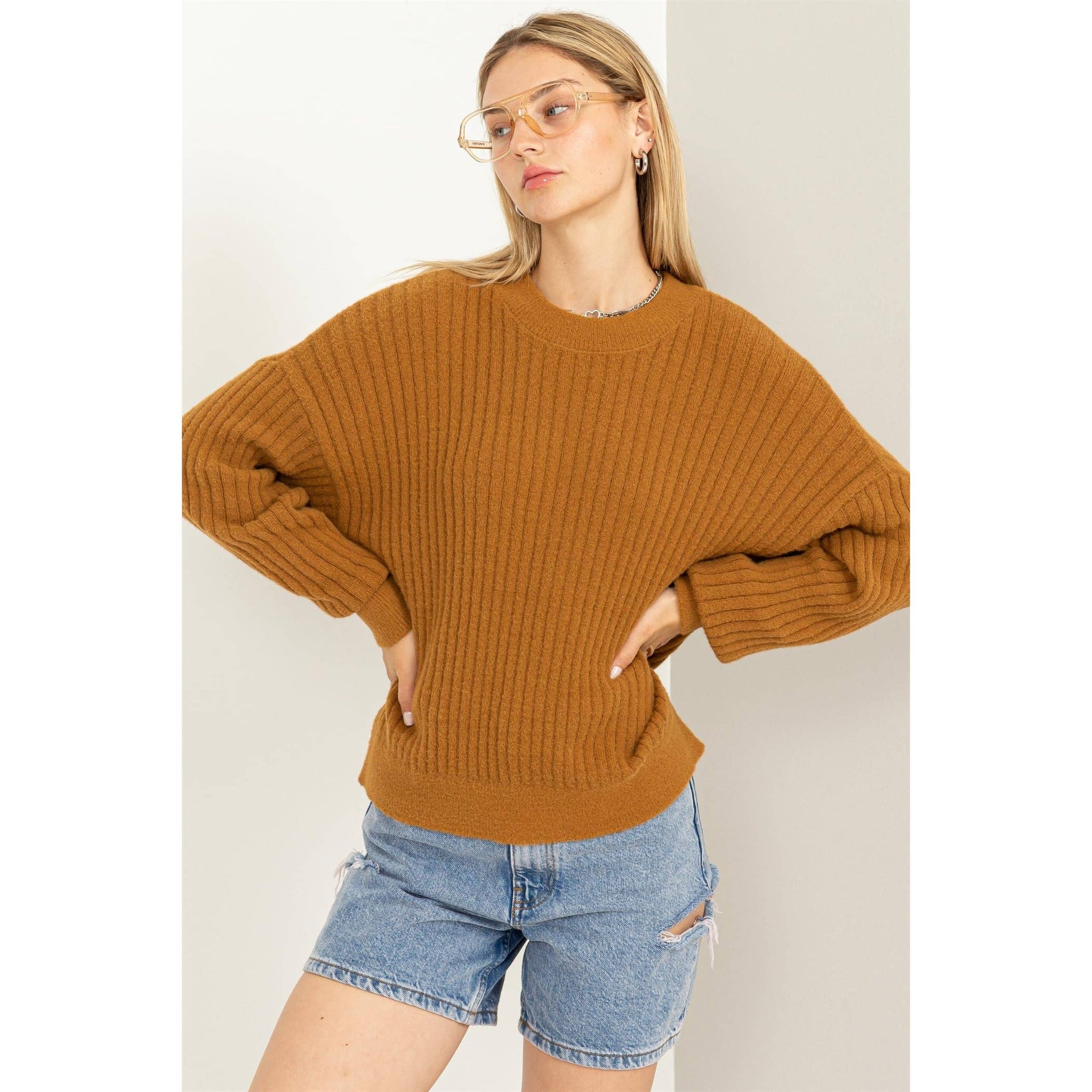 DZ23F783-Crew Neck Ribbed Sweater: WISTERIA / S-M-L(2-2-2)