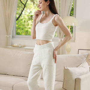 Warm Fuzzy Jogger Pants with Pocket: Beige / S/M