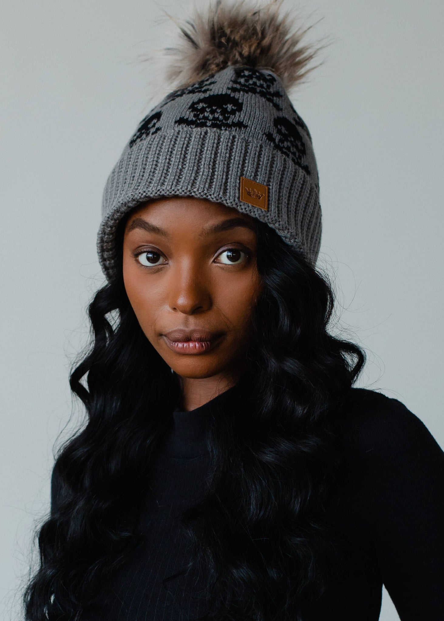 Gray Skull Pattern Pom Hat