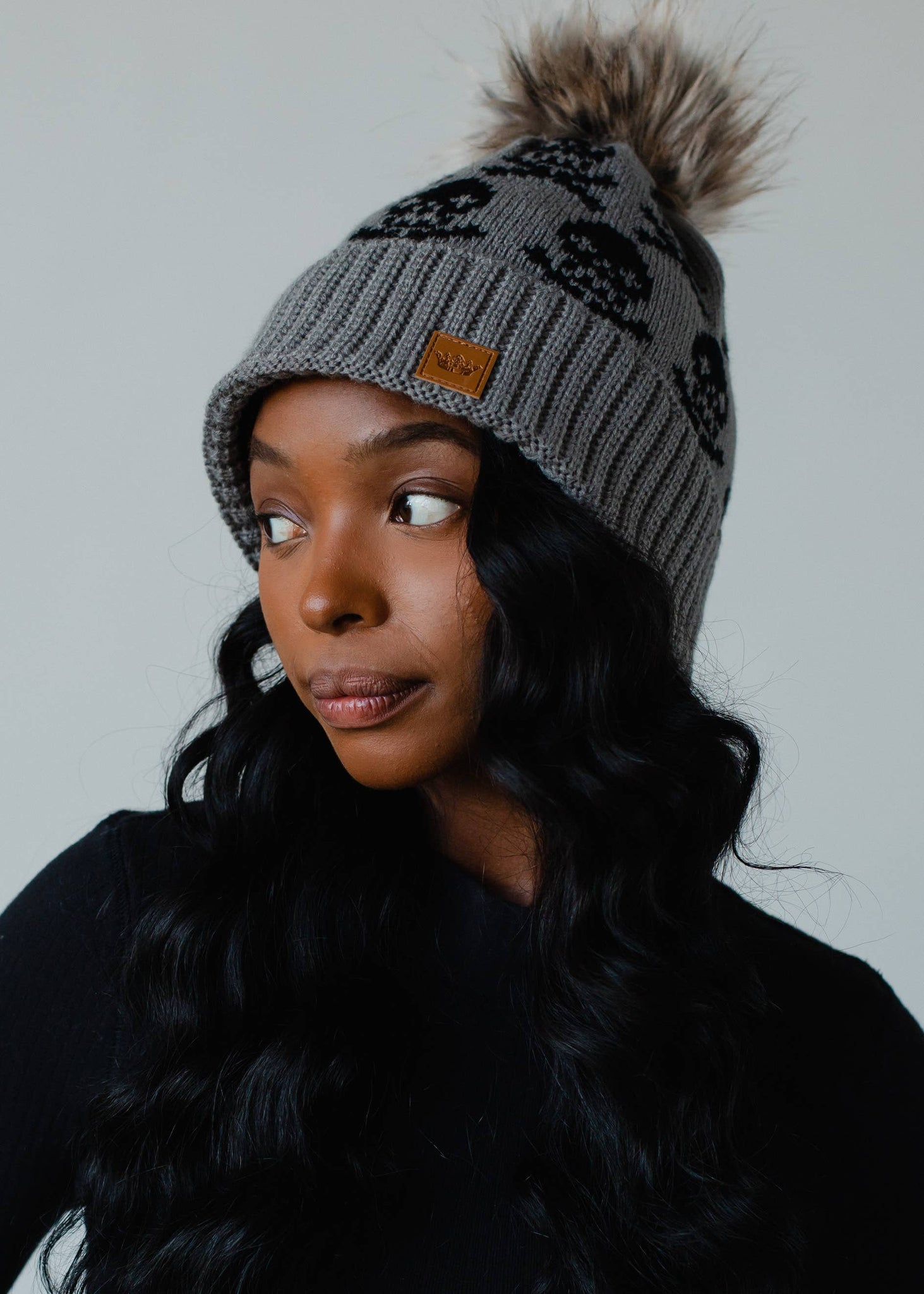 Gray Skull Pattern Pom Hat