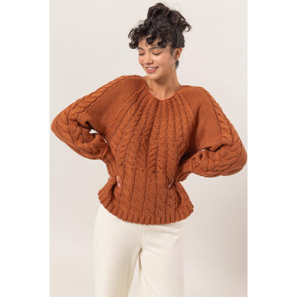 DZ24F201-Cable Knit Pattern Sweater: CHOCOLATE / S-M-L(2-2-2)