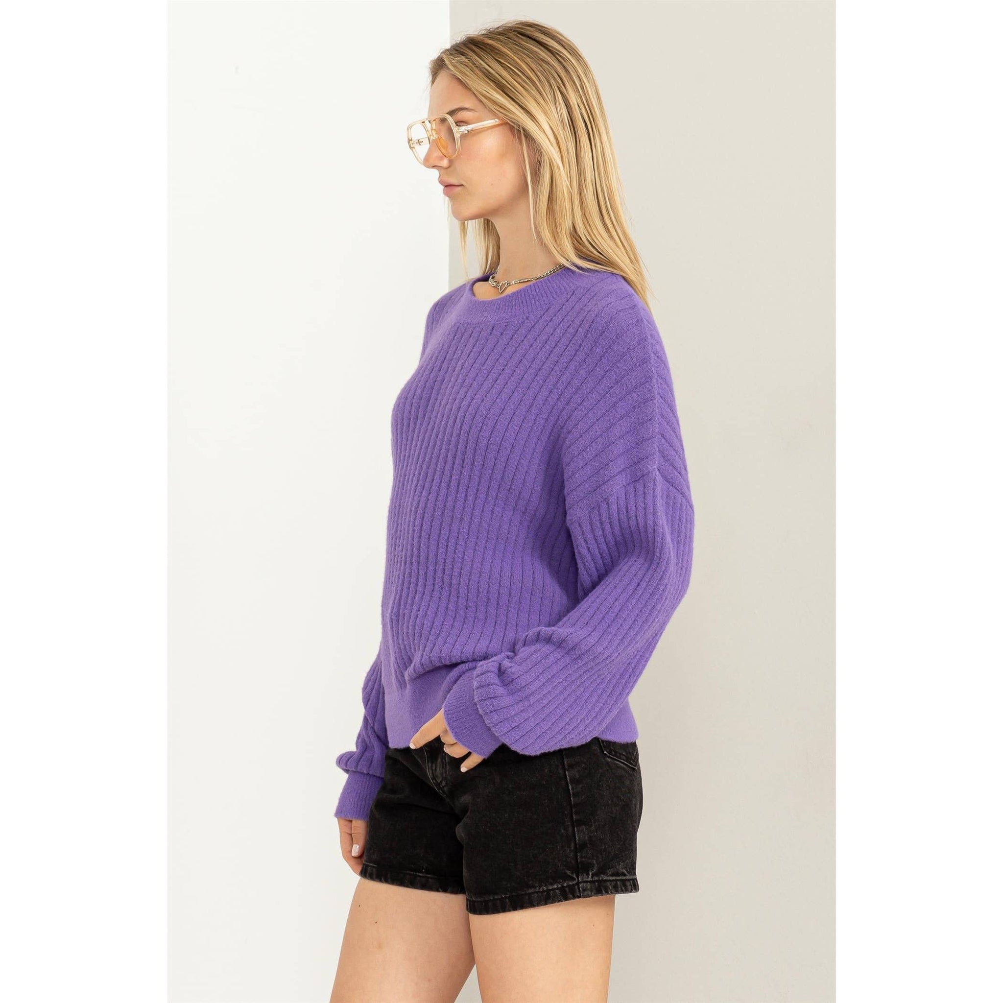 DZ23F783-Crew Neck Ribbed Sweater: WISTERIA / S-M-L(2-2-2)