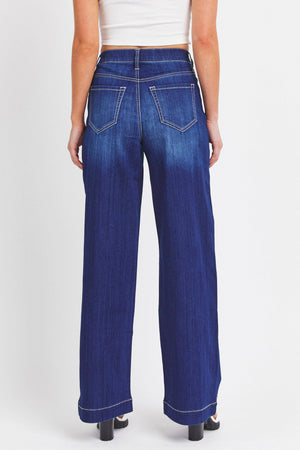 Wide Leg Pull On Jeans - Dark Blue