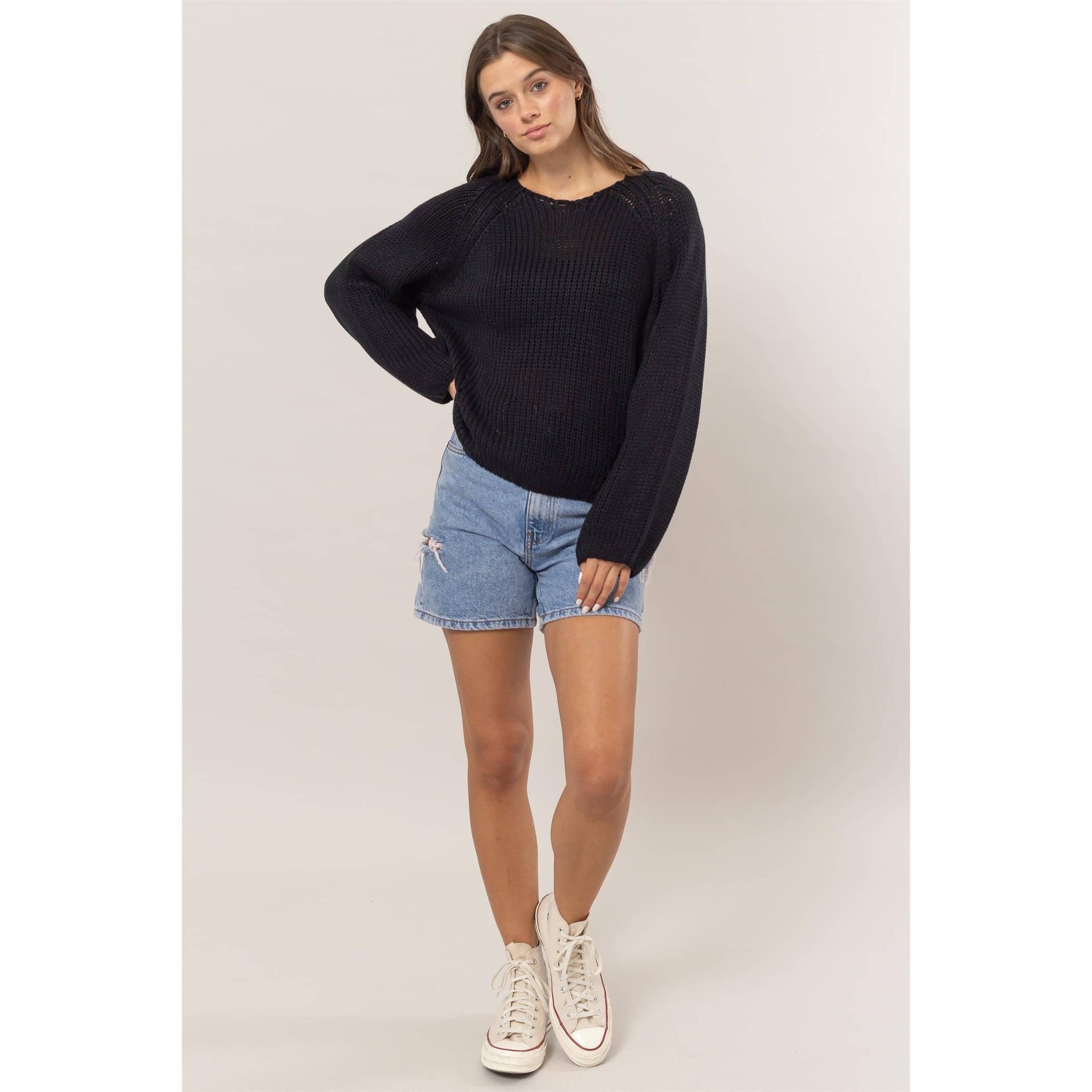 HF24F780-Ribbed Sweater Pullover: BLACK / S-M-L(2-2-2)