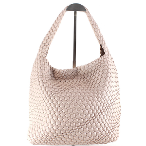 Large Vegan Leather Hand Woven Hobo w/Cosmetic Pouch - Nude